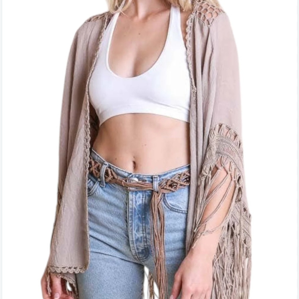 Dreamers Taupe/Beige/Blush Colored Crotchet Fringed Duster